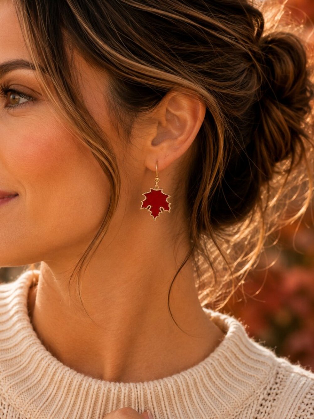 Red Enamel Maple Leaf Dangle Earrings Gold Autumn Thanksgiving Jewelry